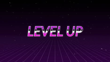 Animation-of-level-up-text-in-pink-glowing-letters-over-grid