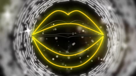 Animation-of-neon-lips,-rotating-circles-and-stars-on-black-background