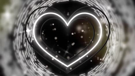Animation-of-neon-heart-balloon-and-rotating-circles-on-black-background