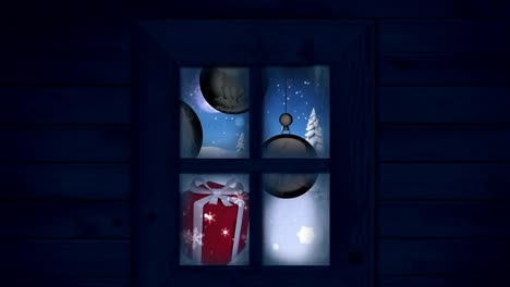 Animation-of-christmas-presents-in-winter-scenery-seen-through-window