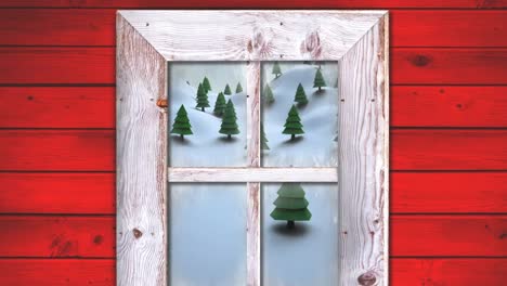 Animation-of-snow-falling-and-christmas-winter-scenery-seen-through-window