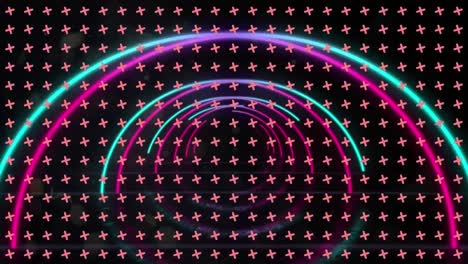 Animation-of-neon-arches-moving-over-crosses-rotating-on-black-background