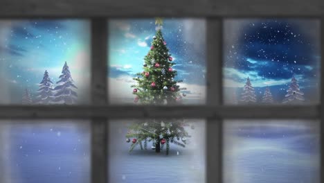 Animación-De-Nieve-Cayendo-Y-árbol-De-Navidad-En-Un-Paisaje-Invernal-Visto-A-Través-De-La-Ventana.