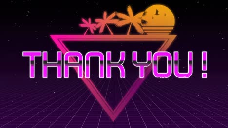 Animation-of-thank-you-text-in-pink-glowing-letters-over-tropical-sunset-with-palm-trees-and-grid