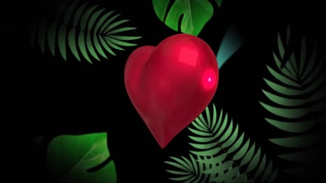 Animation-of-heart-balloon-and-leaves-on-black-background