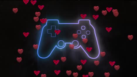 Animation-of-neon-gamin-pad-and-hearts-floating-on-black-background