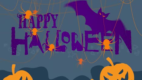 Animation-of-happy-halloween-text-over-spiders-and-bat