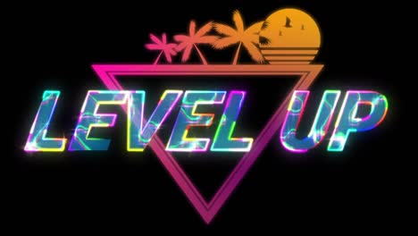 Animation-of-level-up-text-in-glowing-letters-over-tropical-sunset-with-palm-trees