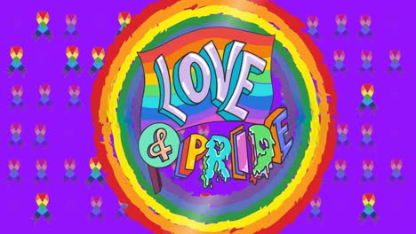 Animation-Des-Regenbogenkreises-Und-Liebe-Und-Stolz-Auf-Lila-Textur-Mit-Bändern