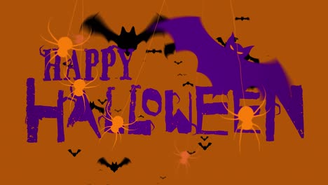 Animation-of-happy-halloween-text-over-bats-and-spiders