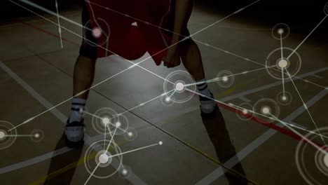 Animation-of-networks-of-connections-over-mixed-race-male-basketball-player-at-gym