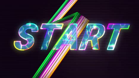 Animation-of-start-text-in-glowing-pink-letters-over-neon-flash