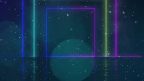 Animation-of-neon-squares-and-dust-on-dark-blue-background