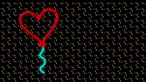 Animation-of-neon-heart-balloon-and-molecules-on-black-background