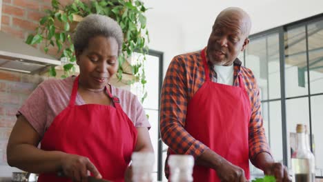 Glückliches-Afroamerikanisches-Seniorenpaar,-Das-Gemeinsam-In-Der-Küche-Kocht
