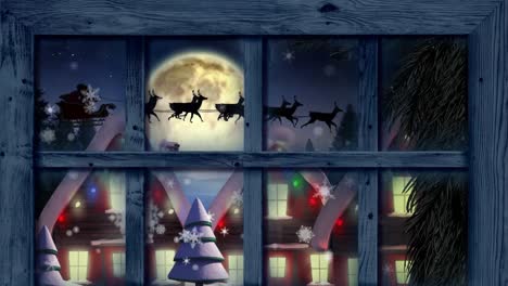 Animation-Des-Weihnachtsmanns-Im-Schlitten-Mit-Rentieren-In-Weihnachtlicher-Winterlandschaft,-Durch-Das-Fenster-Gesehen