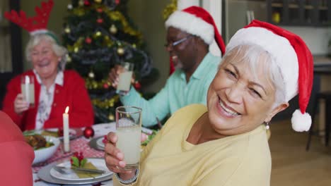 Happy-mixed-race-senior-woman-celebrating-meal-with-friends-at-christmas-time