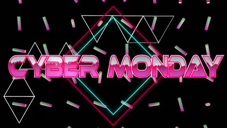 Animation-of-cyber-monday-over-geometrical-shapes-and-colorful-rollers-on-black-background