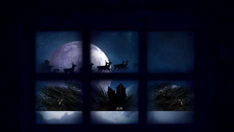 Animation-of-santa-claus-in-sleigh-with-reindeer-in-christmas-winter-scenery-seen-through-window
