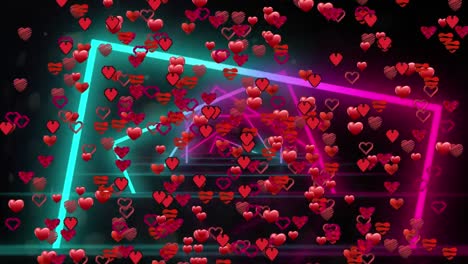 Animation-of-hearts-flying-over-neon-moving-squares-on-black-background