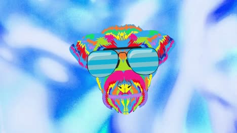 Animation-Eines-Regenbogenhundes-Mit-Brille-Auf-Blauem-Hintergrund