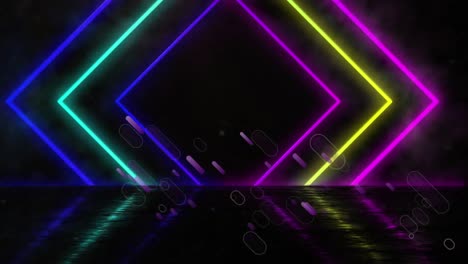 Animation-of-purple-shapes-over-neon-squares-on-black-background
