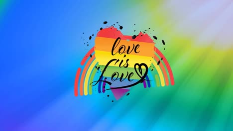 Animation-of-heart,-love-is-love-and-rainbow-on-colorful-background