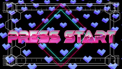 Animation-of-press-start-in-frame-over-black-background-with-3d-hearts