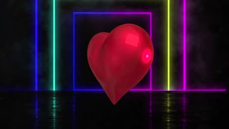 Animation-of-heart-balloon-and-neon-squares-on-black-background