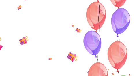 Animation-of-falling-balloons-and-gifts-over-white-background