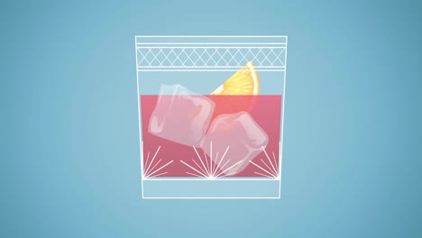Animation-of-drink-with-ice-and-lemon-over-blue-background