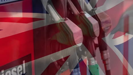 Animation-of-waving-uk-flag-and-over-petrol-pumps