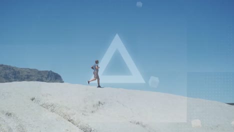 Animation-of-glowing-circles-and-triangles-over-fit-african-american-senior-man-running-on-dunes
