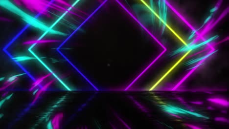 Animation-of-neon-squares-and-purple-and-green-lights-on-black-background