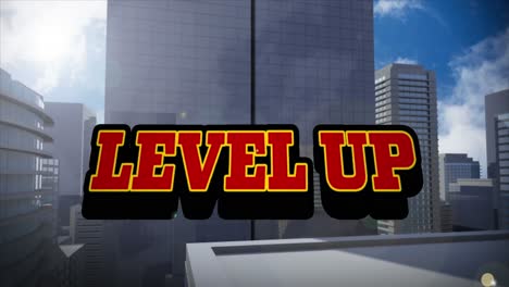 Animation-of-level-up-text-in-red-letters-over-cityscape