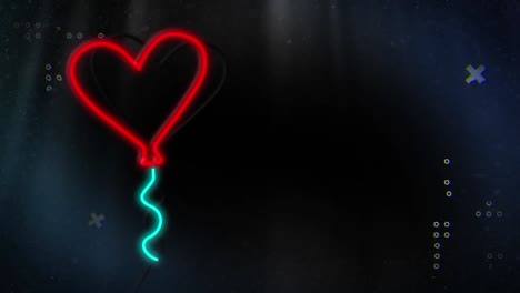 Animation-of-neon-heart-balloon-and-diverse-shapes-on-black-background