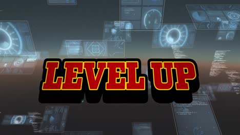 Animation-of-level-up-text-in-red-letters-over-screens-with-data-processing