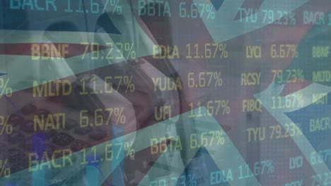Animation-of-union-jack-flag-waving-over-stock-market-display-with-changing-numbers