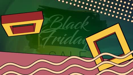 Animation-of-colorful-shapes-over-black-friday-sale-text-on-green-background