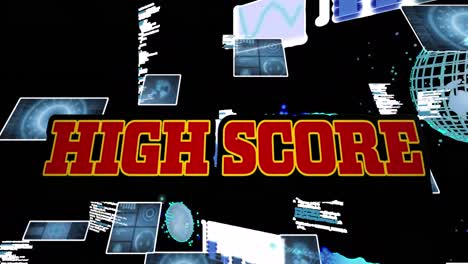 Animation-of-high-score-in-digital-abstract-space-with-screens-and-diverse-data