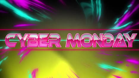Animation-of-cyber-monday-in-digital-abstract-space-with-green-and-pink-lights