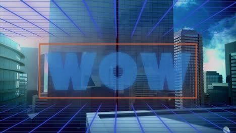 Animation-of-wow-text-in-blue-letters-and-red-frame-over-cityscape
