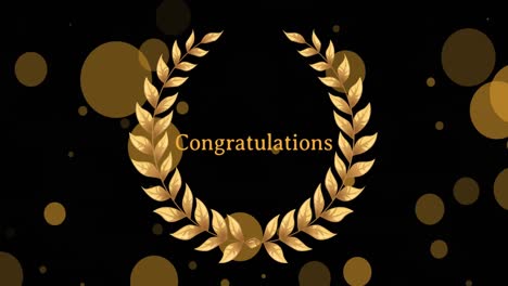 Animation-of-floating-golden-dots-and-congratulations-in-wreath-on-black-background