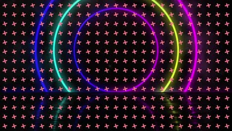 Animation-of-neon-circles-and-crosses-on-black-background