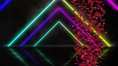 Animation-of-neon-triangles-and-floating-hearts-on-black-background