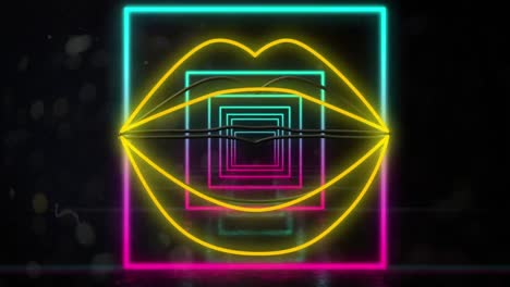 Animation-of-neon-lips-and-squares-on-black-background