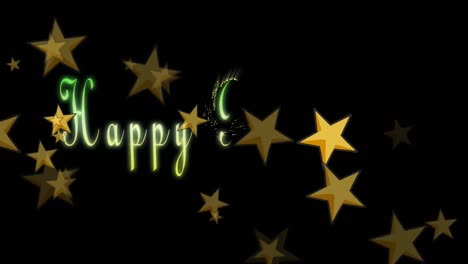 Animation-of-floating-golden-stars-and-happy-birthday-on-black-background
