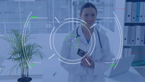 Animation-of-scope-scanning-over-smiling-caucasian-female-doctor-holding-documents