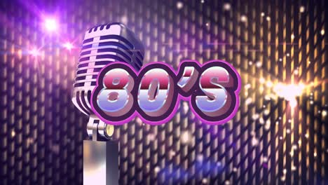 Animation-of-80s-over-retro-microphone-over-glowing-spots-of-light