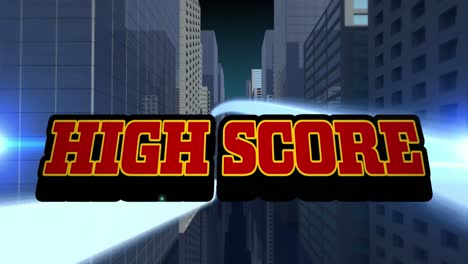 Animation-of-high-score-text-over-cityscape-on-blue-background